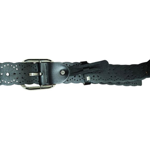 Black Leather Scalloped Cutout Belt Floral Laser Cut Silver Buckle Women Sze48in - Picture 7 of 10
